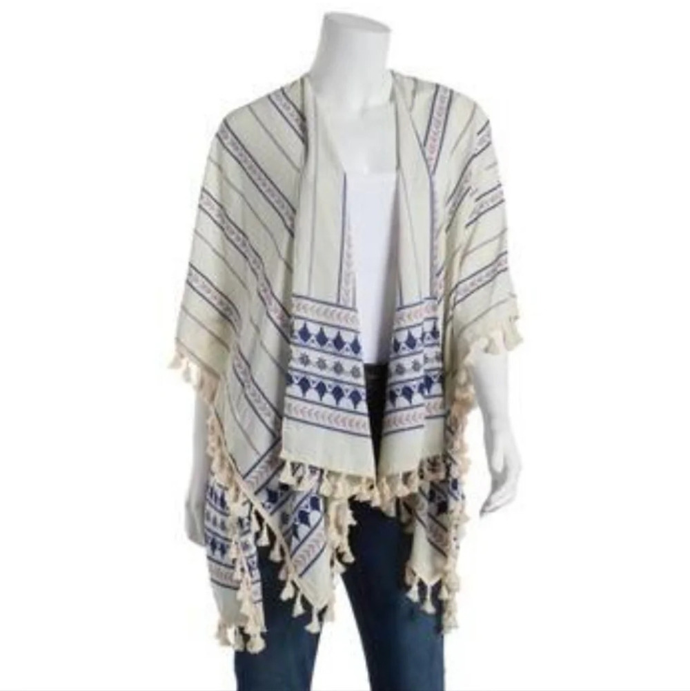 Ivory & Navy Blue Aztec Bohemian Indie Open Front Kimono with tassels OS